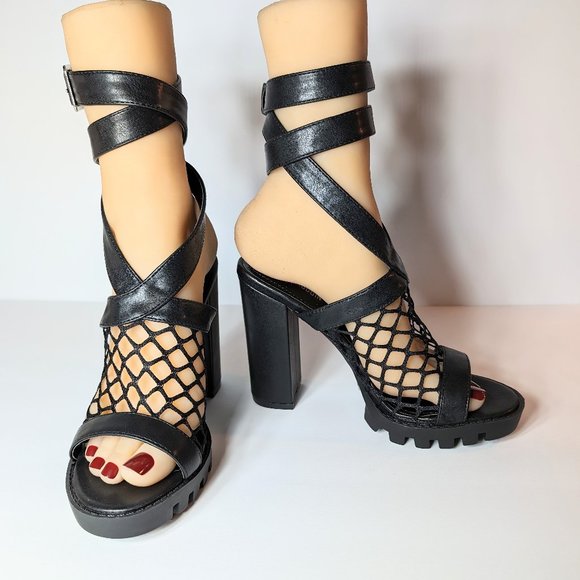 Cape Robbin Shoes - Cape Robbin Black Netted Strappy Chunky High Heels